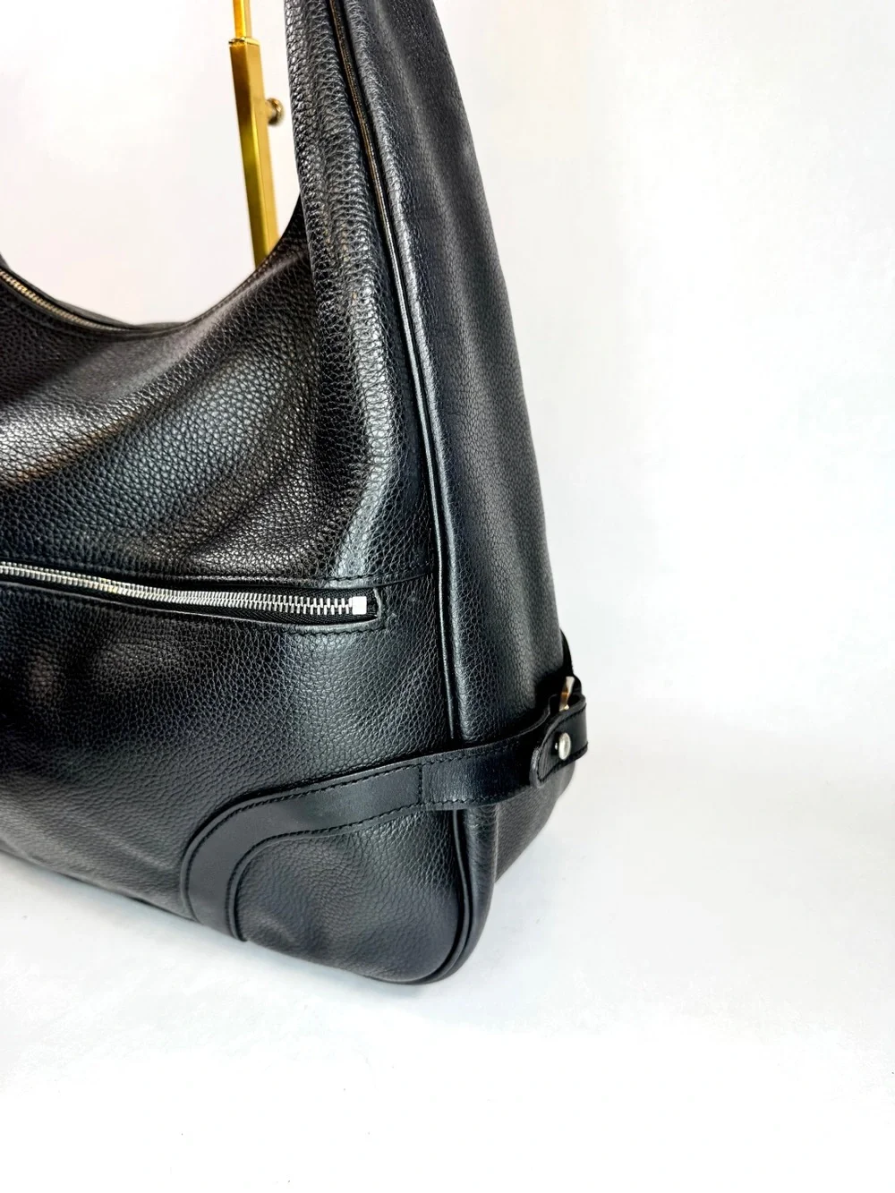 Longchamp Black Pebbled Leather Hobo Shoulder Bag Silver Hardware Large